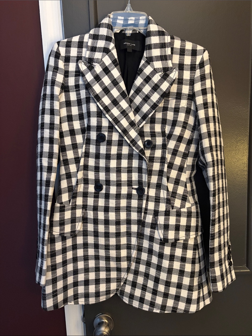 🖤🤍 DEREK LAM Double-Breasted Gingham Boyfriend Blazer
